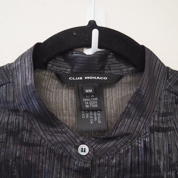 * Club Monaco Black Silk Long Sleeve Metallic Thread Sheer Pleated Detail Blouse - Picture 5 of 6